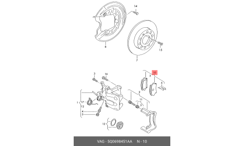 Колодки тормозные дисковые VAG, задние, комплект на ось (4 шт), арт. 5Q0698451AA