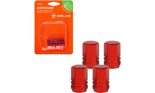 Колпачки на шинный вентиль K-1, красные, металл, 4 шт. AIRLINE, арт. AVC08