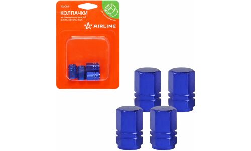 Колпачки на шинный вентиль K-1, синие, металл, 4 шт. AIRLINE, арт. AVC09
