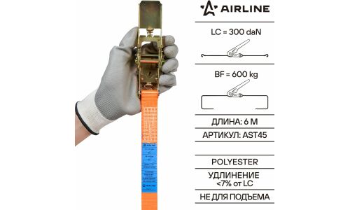 Стяжка для груза Airline, строп лента, с храповым механизмом, кольцевая, нагрузка до 600кг, размер 25мм x 6м, арт. AST45