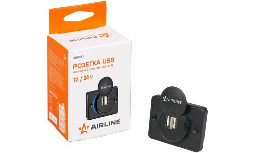 Розетка встраиваемая Airline, 12/24В, 2хUSB (5В, 3.1А), с подсветкой и защитной крышкой, арт. AEBJ210