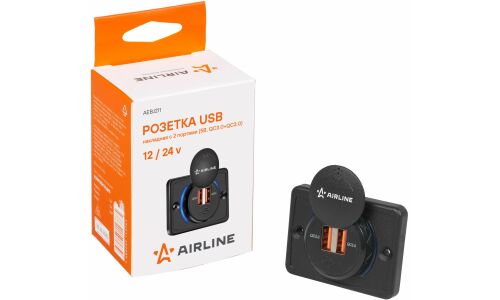 Розетка встраиваемая Airline, 12/24В, 2хUSB (3.6-6.5В/3А, 6.5-9В/2А, 9-12В/1.5А), с функцией быстрой зарядки Quick Charge 3.0, с подсветкой, арт. AEBJ211
