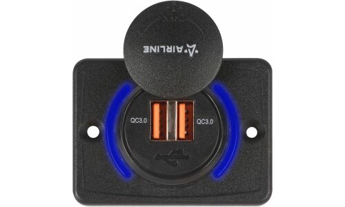 Розетка встраиваемая Airline, 12/24В, 2хUSB (3.6-6.5В/3А, 6.5-9В/2А, 9-12В/1.5А), с функцией быстрой зарядки Quick Charge 3.0, с подсветкой, арт. AEBJ211