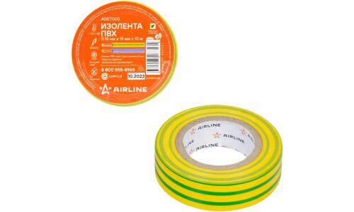 Лента клейкая изоляционная Airline, ПВХ, 19мм x 10м, желто-зеленая, арт. ADET003