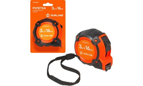 Рулетка Airline, 16мм x 3м, с фиксатором, обрезиненный корпус, арт. ATBQ023