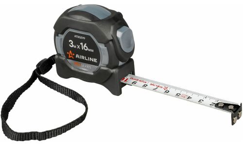 Рулетка в прорезиненном корпусе 3мх16мм PRO, автостоп, магнит. зацеп, нейлон. двуст. Шкала AIRLINE, арт. ATBQ019