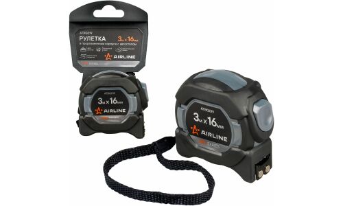 Рулетка в прорезиненном корпусе 3мх16мм PRO, автостоп, магнит. зацеп, нейлон. двуст. Шкала AIRLINE, арт. ATBQ019