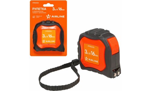 Рулетка в прорезиненном корпусе 3мх16мм, автостоп, магнитный зацеп AIRLINE, арт. ATBQ026