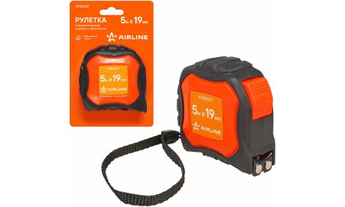 Рулетка в прорезиненном корпусе 5мх19мм, автостоп, магнитный зацеп AIRLINE, арт. ATBQ027
