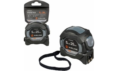 Рулетка в прорезиненном корпусе 5мх25мм PRO, автостоп, дв.магнит.зацеп, нейлон.двуст.шкала AIRLINE, арт. ATBQ020
