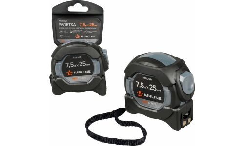 Рулетка в прорезиненном корпусе 7.5мх25мм PRO, автостоп,дв.магнит.зацеп,нейлон.двуст.шкала AIRLINE, арт. ATBQ021