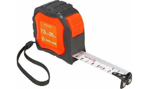 Рулетка в прорезиненном корпусе 7.5мх25мм, автостоп, магнитный зацеп AIRLINE, арт. ATBQ028