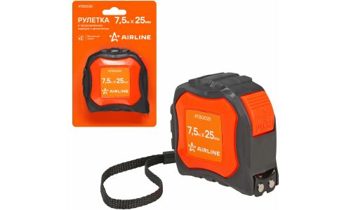 Рулетка в прорезиненном корпусе 7.5мх25мм, автостоп, магнитный зацеп AIRLINE, арт. ATBQ028