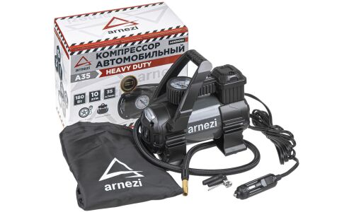 Компрессор автомобильный Arnezi Heavy Duty A35, 12В, 14А, 180Вт, 35л/мин, 10атм, шланг 70см, с фонариком, насадками и сумкой, арт. A0302002