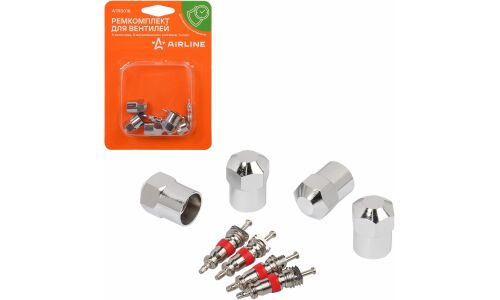 Ремкомплект для вентилей (4 золотника, 4 металл.колп, 1 ключ) в блистере AIRLINE, арт. ATRS016