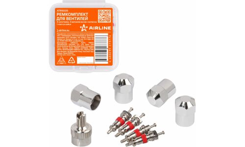 Ремкомплект для вентилей (4 золотника, 4 металл.колп, 1 ключ) в кейсе AIRLINE, арт. ATRS005
