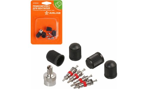 Ремкомплект для вентилей (4 золотника, 4 пласт.колп, 1 ключ) в блистере AIRLINE, арт. ATRS014