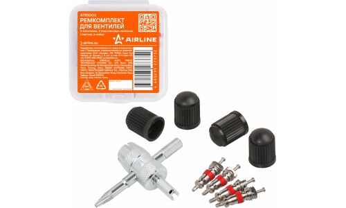Ремкомплект для вентилей (4 золотника, 4 пласт.колп, 1 метчик) в кейсе AIRLINE, арт. ATRS003