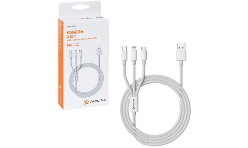 Кабель для мобильных устройств Airline, с USB на USB Type-C / MicroUSB / Lightning, 1м, белый, арт. ACH-M-33