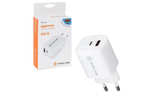 Адаптер питания Airline, 220В, 1xUSB (5В/3А, 9В/2А, 12В/1.5А), 1xUSB Type-C (5В/3А, 9В/2.22А, 12В/1.67А), 20Вт, с функциями Power Delivery и Quick Charge 3.0, арт. AEWC001