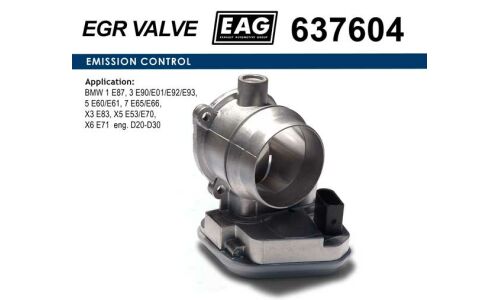 Дроссельная заслонка BMW 1 E87, 3 E90/E01/E92/E93, 5 E60/E61, 7 E65/E66, X3 E83, X5 E53/E70, X6 E71 eng. D20-D30 EAG EAG, арт. 637604