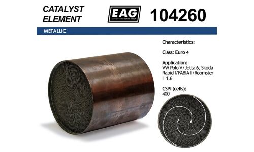 Каталитический блок VW Polo V/Jetta 6, Skoda Rapid I/FABIA II/Roomster I 1.6 Euro 4 EAG EAG, арт. 104260