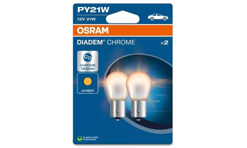 Лампа Osram Diadem Chrome PY21W (BAU15s, S25), 12В, 21Вт, эффект «под хром», оранжевая при включении, комплект 2 шт, арт. 7507DC-2BL
