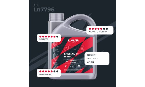 Масло для мотоциклов Lavr Motoline Ride Special 4T 15w50, синтетическое, API SN, JASO MA2, 4-тактное, 4л, арт. Ln7796