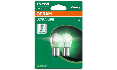 Лампа Osram Ultra Life P21W (BA15s, S25), 12В, 21Вт, комплект 2 шт, арт. 7506ULT-2BL