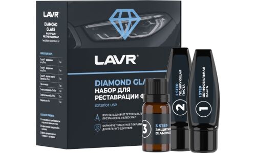 Набор для реставрации фар Lavr Diamond Glass, восстанавливает прозрачность пластика, 30+30+10мл (+губка, салфетки), арт. Ln2454