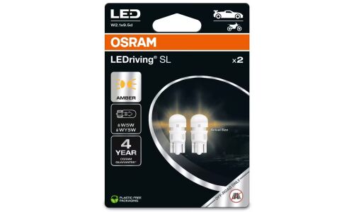 Лампа светодиодная Osram LEDriving SL WY5W (W2.1x9.5d, T10), 12В, 0.7Вт (соответствует 5Вт), оранжевая, комплект 2 шт, арт. 2827DYP-2BL