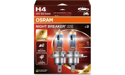 Лампа галогенная Osram Night Breaker 220 H4 (P43t, T16), 12В, 60/55Вт, 4050К, комплект 2 шт, арт. 64193NB220-2HB