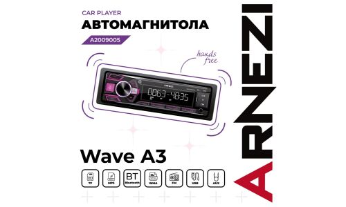 Автомагнитола Arnezi Wave A3, 1 DIN, USB/AUX/microSD/Bluetooth, 4х25Вт, пульт ДУ, фиолетовая подсветка, арт. A2009005