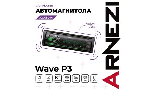 Автомагнитола Arnezi Wave P3, 1 DIN, USB/AUX/microSD/Bluetooth, 4х25Вт, пульт ДУ, зелёная подсветка, арт. A2009004
