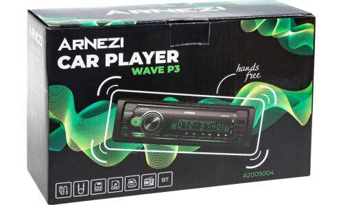 Автомагнитола Arnezi Wave P3, 1 DIN, USB/AUX/microSD/Bluetooth, 4х25Вт, пульт ДУ, зелёная подсветка, арт. A2009004