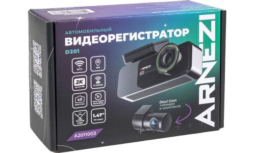 Видеорегистратор Arneazi D201, 2304х1296, обзор 170°, экран 1.47", WiFi, GPS, G-сенсор (датчик удара), 2 камеры, арт. A2011003