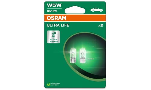 Лампа Osram Ultra Life W5W (W2.1x9.5d, T10), 12В, 5Вт, комплект 2 шт, арт. 2825ULT-2BL