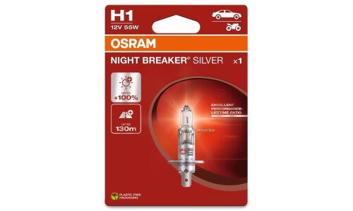 Лампа галогенная Osram Night Breaker Silver H1 (P14.5s, T8), 12В, 55Вт, 3200К, 1 шт, арт. 64150NBS-1BL