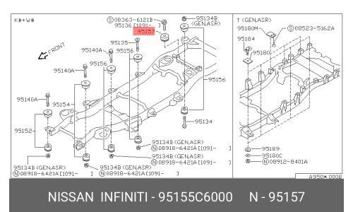Сайлентблок рычага подвески Nissan, арт. 95155-C6000