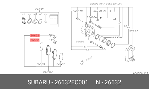 Колодки тормозные дисковые Subaru, задние, комплект на ось (4 шт), арт. 26632FC001