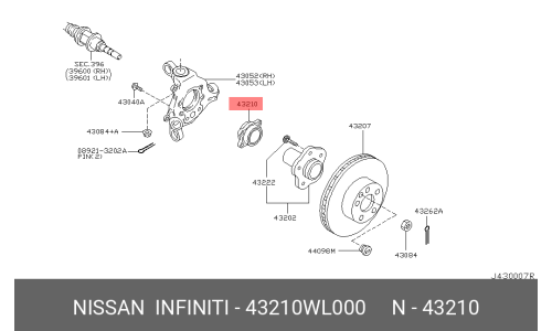 Ступица колеса NISSAN, задняя, левая, арт. 43210-WL000