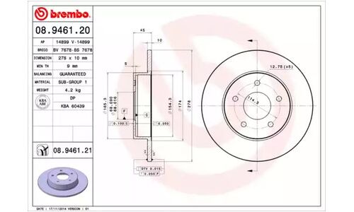 Диск тормозной Brembo, задний, правый/левый, 1 шт, арт. 08.9461.20