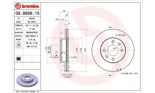 Диск тормозной Standard | перед Brembo, арт. 09.9998.10