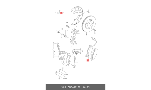 Колодки тормозные дисковые VAG, передние, комплект на ось (4 шт), арт. 5N0698151
