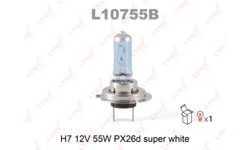 Лампа галогенная LYNXAuto Super White H7 (PX26d, T11), 12В, 55Вт, 4200К, 1 шт, арт. L10755B
