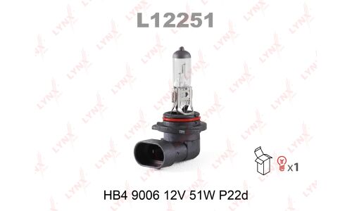 Лампа галогенная LYNXAuto HB4(9006) (P22d, T12), 12В, 51Вт, 3200К, 1 шт, арт. L12251