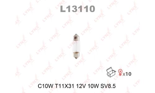 Лампа LYNXauto Festoon (SV8.5, T10x31), 12В, 10Вт, 1 шт, арт. L13110