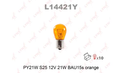 Лампа LYNXauto PY21W (BAU15s, S25), 12В, 21Вт, оранжевая, 1 шт, арт. L14421Y