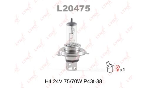 Лампа галогенная LYNXAuto H4 (P43t, T16), 24В, 75/70Вт, 3200К, 1 шт, арт. L20475