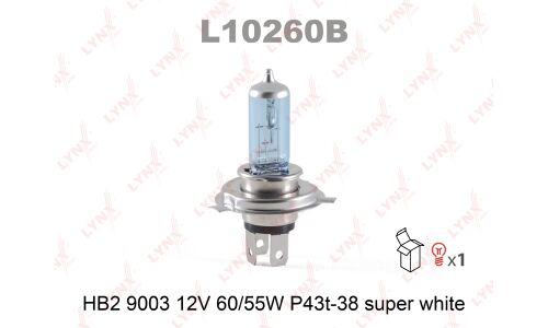 Лампа галогенная LYNXAuto Super White HB2(9003) (P43t, T16), 12В, 60/55Вт, 4000К, 1 шт, арт. L10260B